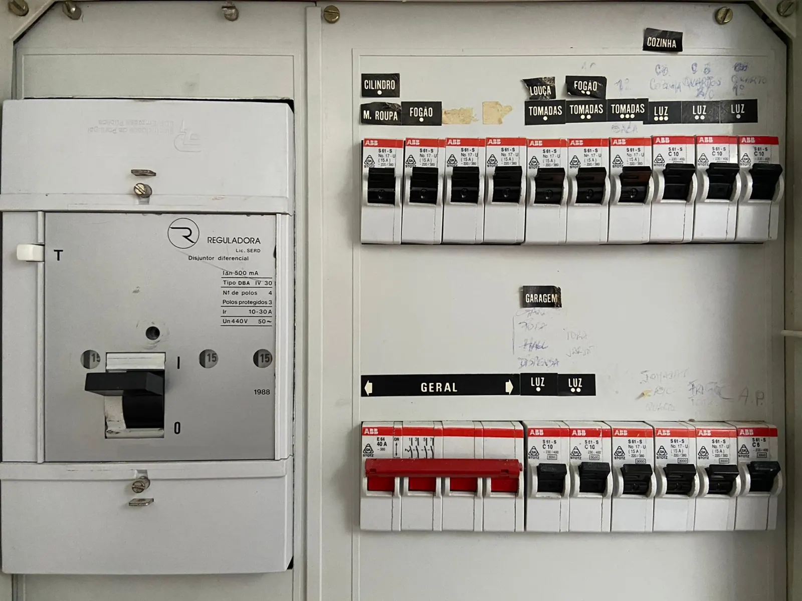 Quadro elétrico com disjuntores identificados